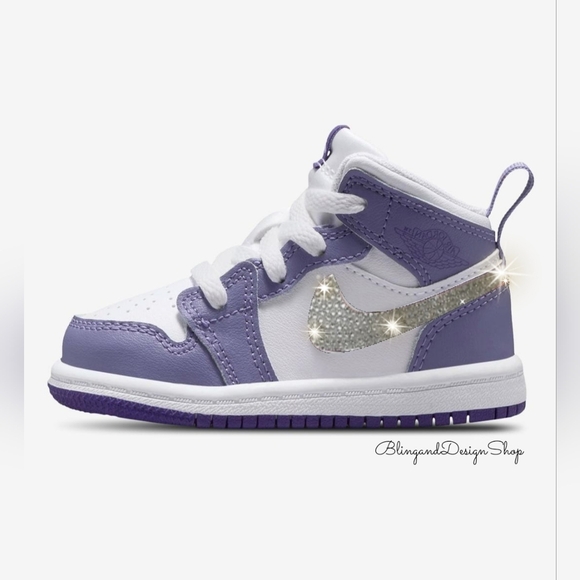 Bling Nike Jordan 1 Mid Shoes Girls Toddler Baby Custom Sneakers With Crystals - Picture 1 of 5